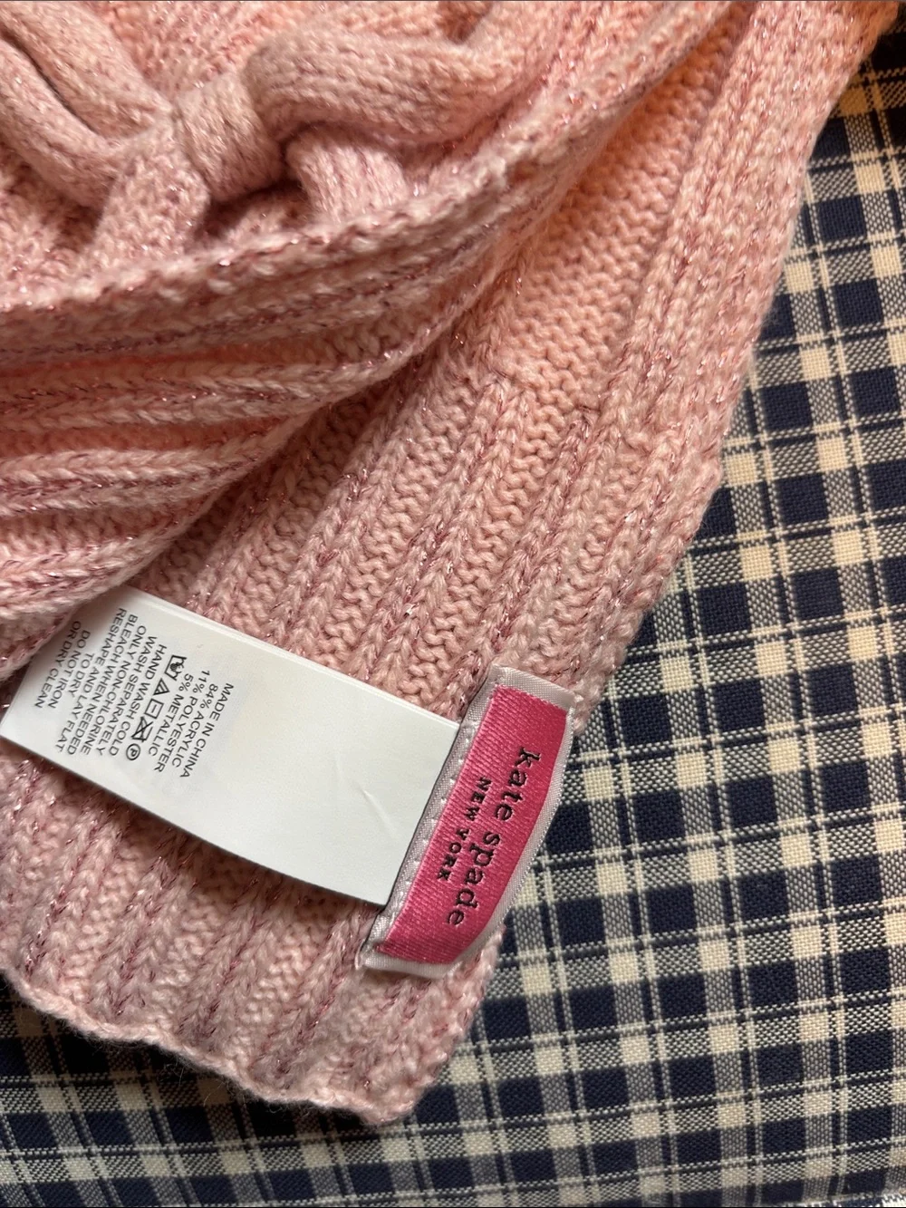 kate spade Pink Ribbed Knit Scarf with Bow Accent
